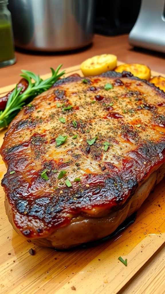 Savory Air Fryer Steak Seasoning Recipe A savory air fryer steak seasoned with spices, garnished with herbs on a cutting board.